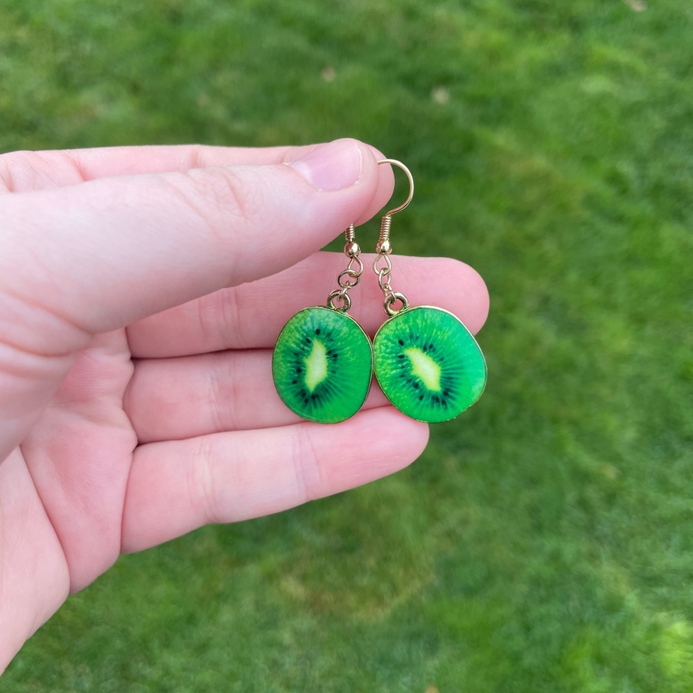 Resin Kiwi Slice Earrings with Gold Accents